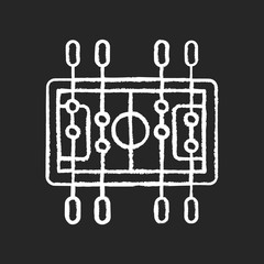Table soccer chalk white icon on black background. Traditional friendly party recreational activity. Competitive bar, pub game. Miniature football table isolated vector chalkboard illustration