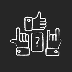 Charades chalk white icon on black background. Traditional team play, party amusement. Recreational activity for friends and family. Question and hand signs isolated vector chalkboard illustration