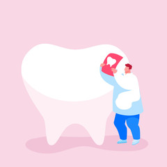 Tiny Dentist Doctor Character Care of Huge Tooth Examine Xray Image. Stomatology Clinic Service, Dentistry Occupation, Caries Prevention and Treatment, Stomatologist Work. Cartoon Vector Illustration
