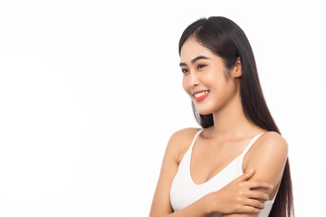 Beautiful Young Asian woman with clean fresh skin. Facial treatment, Cosmetology, Beauty and skin care concept. Girl beauty face isolated on white background.