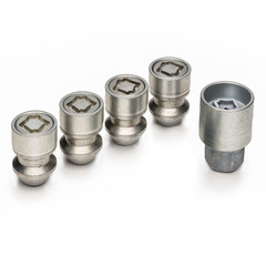 car lock nuts, wheel nut that protect the wheels from theft. close-up of the isolate on a white background