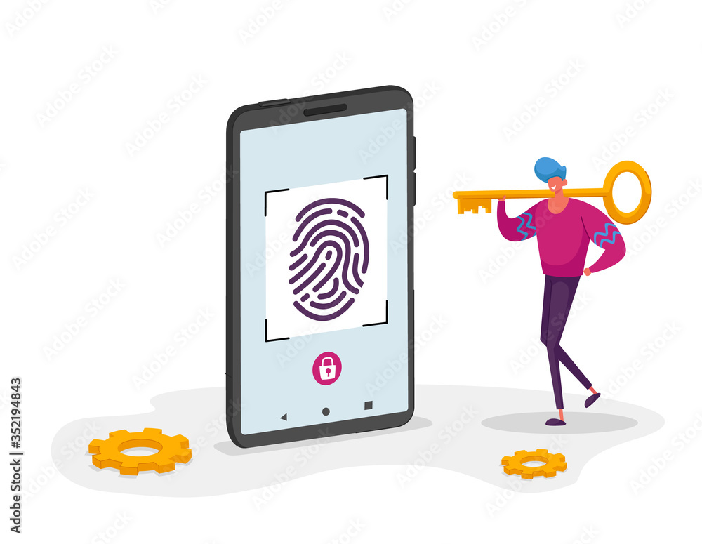 Poster finger print scan, authorization in security system. fingerprint scanning at smartphone screen. man 