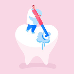Tiny Dentist Doctor Character Cleaning or Polishing of Huge Tooth with Rolling Brush. Stomatology Clinic Care Service, Dentistry Occupation, Caries Prevention or Treatment. Cartoon Vector Illustration