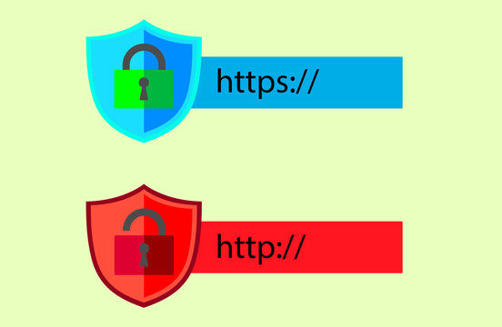 http and https protocols on shield. Safe and Secure https. Secured ssl shield and padlock symbols.