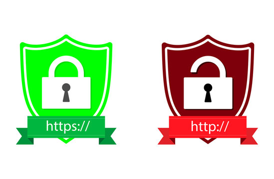 http and https protocols on shield. Safe and Secure https. Secured ssl shield and padlock symbols.