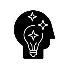 Idea generation black glyph icon. Insight while brainstorming. Human head with innovative thought. Imagination for project development. Silhouette symbol on white space. Vector isolated illustration