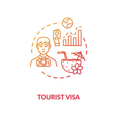 Fototapeta premium Tourist visa concept icon. Abroad vacation. Traveller document application. Summer holiday planning idea thin line illustration. Vector isolated outline RGB color drawing