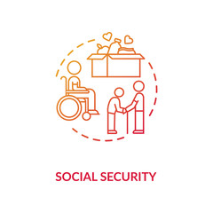 Social security concept icon. People in need help. Old age pensioners support. Caregiving service. Food donation idea thin line illustration. Vector isolated outline RGB color drawing