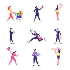 Set of Male and Female Business People Festive Season Shopping, Navigation and Earn Money, Characters Writing and Doing Presentation. Isolated Men and Women with Briefcase. Cartoon Vector Illustration
