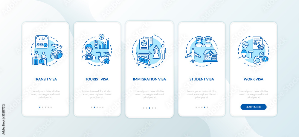 Poster legal visa onboarding mobile app page screen with concepts. identification paper. international docu