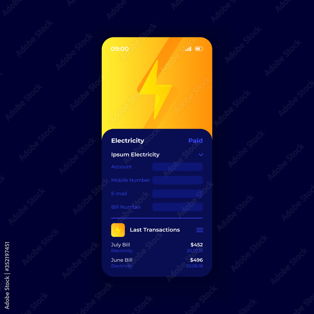Poster electricity bills smartphone interface vector template. mobile app page dark blue design layout. uti