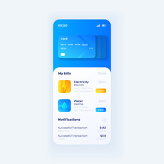 Fototapeta premium Szablon wektor interfejs smartfona portfela karty kredytowej. Strona aplikacji mobilnej biała z niebieskim układem. Ekran konta bankowego. Płaski interfejs użytkownika do aplikacji. Opłacone rachunki za dom. Wyświetlacz telefonu