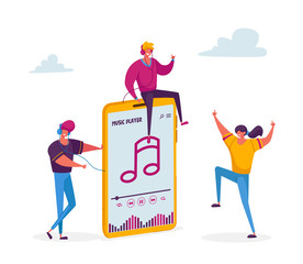 Young People Listen Music on Huge Player or Mobile Phone Application. Tiny Male and Female Characters Wearing Headphones Enjoying Sound Composition, Dancing and Relaxing. Cartoon Vector Illustration