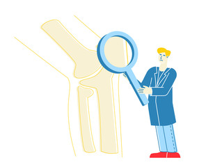 Orthopedics Healthcare Concept. Doctor Orthopedist Character Looking on Huge Leg Bones, Knee Joint through Magnifying Glass. Specialist Medical Check Up in Hospital. Linear Vector Illustration