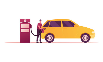 Gas Station Worker Character Pouring Fuel in Car with Filling Gun. Employee at Petroleum Station or Auto Owner Refueling Automobile, Transport Gasoline Service for Drivers. Cartoon Vector Illustration