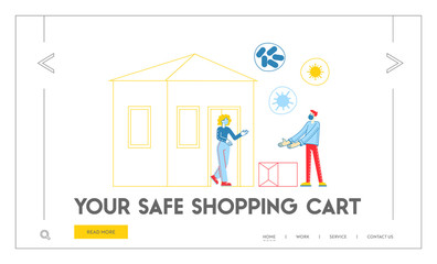 Food Shipping, Safe Food Delivery during Coronavirus Pandemic Landing Page Template. Courier Character Bringing Grocery Production at Customer Door to Avoid Contact. Linear People Vector Illustration