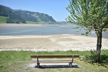 Naklejka na ściany i meble Leere Sitzbank am Ufer des Sihlsees in der Schweiz trotz dem schönen Wetter 18.5.2020