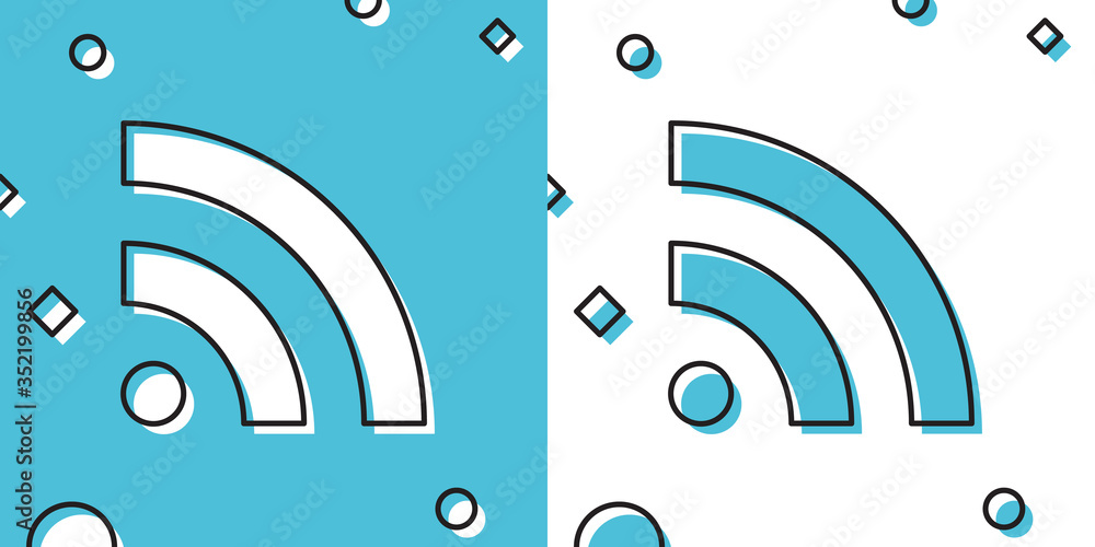 Poster black rss icon isolated on blue and white background. radio signal. rss feed symbol. random dynamic 