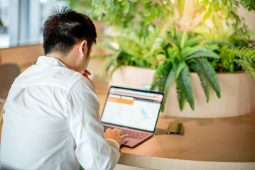Asian businessman working with laptop computer at green home office. Male office worker searching information on internet platform. Work from anywhere concept