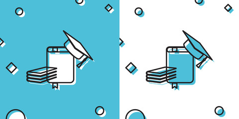 Black Graduation cap and book icon isolated on blue and white background. Random dynamic shapes. Vector Illustration