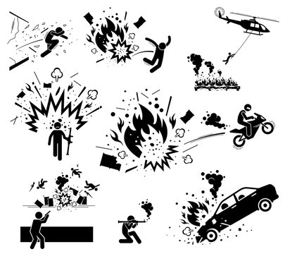 Movie action hero bomb explosion scene. Vector of man escape from bomb explosion with motorcycle, jump away, hang on helicopter, and smash through glass. Hero destroy things with bazooka bomb and gun.