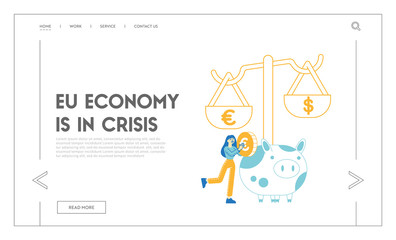 Open Bank Deposit, Plan Finance Budget Landing Page Template. Female Character Put Golden Euro Coin to Huge Piggy Bank. Woman Save and Collect Money in Thrift-box. Savings. Linear Vector Illustration