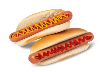 Hot dog with ketchup and mustard on white