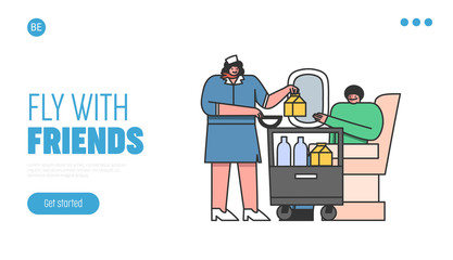 Passenger in business class on plane with stewardess offering food during comfortable flight