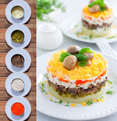 Collage of step by step preparation of a beautiful puff salad with vegetables, chicken and champignons, selective focus