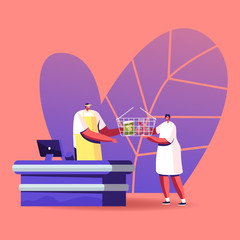 Woman Buying Food in Grocery Store. Salesman Character at Cashier Desk Giving Cart with Products. Consumer Basket, Consumption Reducing, Shopping in Supermarket, Cartoon People Vector Illustration