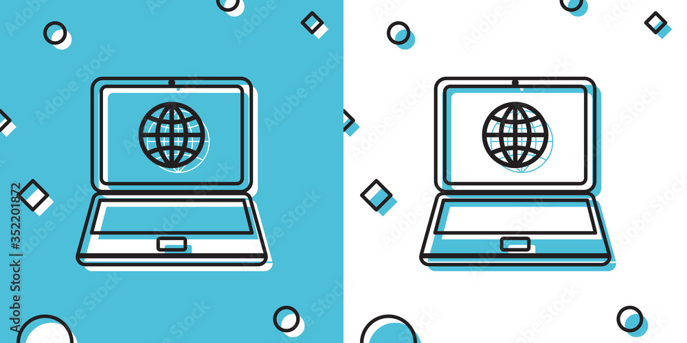 Poster black globe on screen of laptop icon isolated on blue and white background. notebook computer with g
