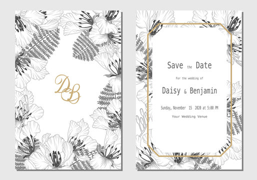 Set of wedding card invitation with white and grey royal poinciana flowers hand drawn on white background with line art theme and texture