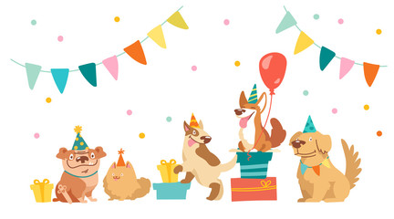 Bulldog, Bull Terrier, Corgi and Spitz Characters Celebrate Happy Birthday Party. Cute Kawaii Dogs with Holidays Equipment Balloons, Gifts and Flag Garlands, Kids Design. Cartoon Vector Illustration