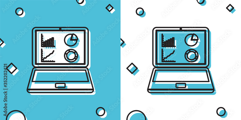 Poster black laptop with graph chart icon isolated on white background. report text file icon. accounting s