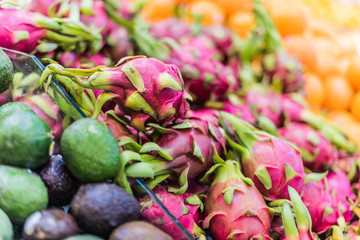 Fresh fruits put up for sale in supermarket