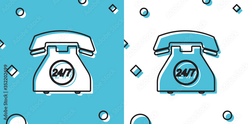 Poster black telephone 24 hours support icon isolated on blue and white background. all-day customer suppor