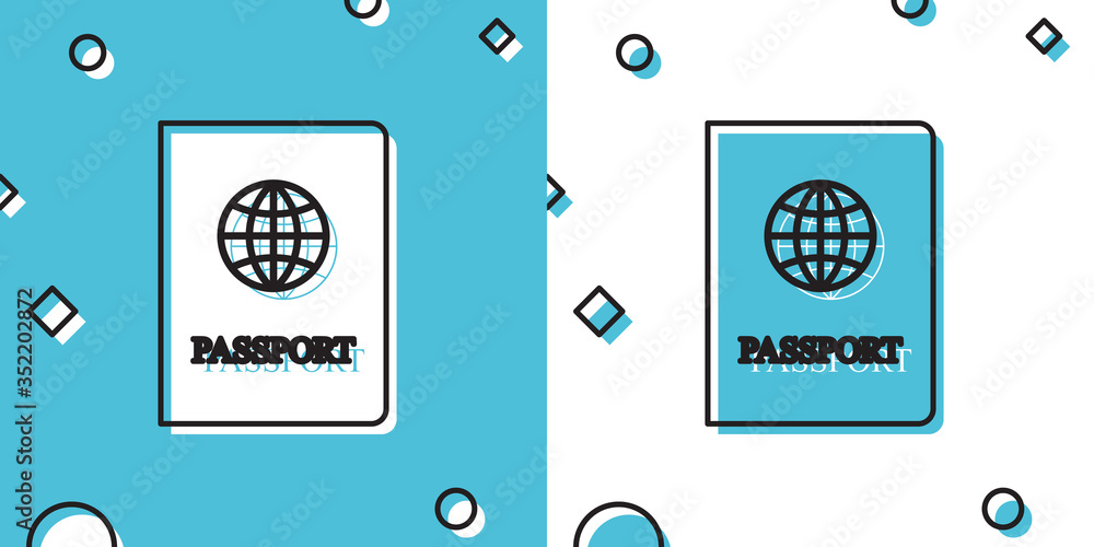 Poster black passport with biometric data icon isolated on blue and white background. identification docume