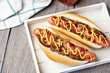 Barbecue Grilled Hot Dog with Yellow Mustard and ketchup