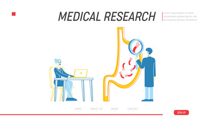 Gastroenterology, Health, Medicine and Healthcare Landing Page Template. Doctors Character with Huge Magnifying Glass Learning Stomach with Helicobacter Bacteria. Linear People Vector Illustration