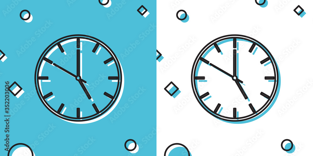 Poster black clock icon isolated on blue and white background. time symbol. random dynamic shapes. vector i