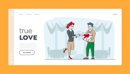 Boyfriend Giving Present to Girlfriend Landing Page Template. Happy Loving Man Character Prepare Gift to Woman for Dating, Birthday, Anniversary or Valentine Day. Linear People Vector Illustration