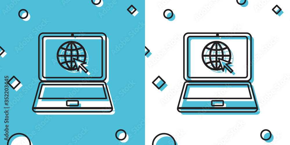 Poster black website on laptop screen icon isolated on blue and white background. laptop with globe and cur