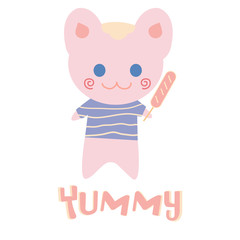 Vector illustration of a cute pink bear cartoon character holding a sausage or cheese stick in hand. Isolators on white background.