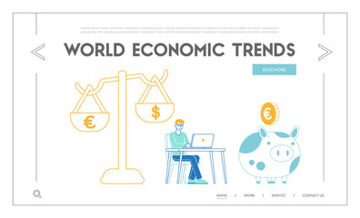 European and American Currency Opposition Landing Page Template. Banking System, Euro and Dollar Symbols Lying on Huge Scales with Businessman Character Working on Laptop. Linear Vector Illustration