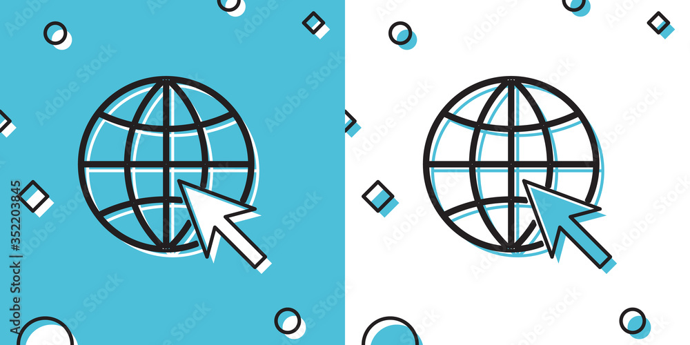 Poster black go to web icon isolated on blue and white background. globe and cursor. website pictogram. wor