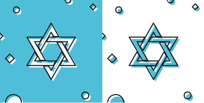 Black Star of David icon isolated on blue and white background. Jewish religion symbol. Random dynamic shapes. Vector Illustration