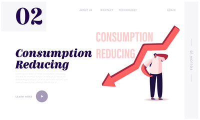 Consumption Reducing, Saving Money Landing Page Template. Tiny Male Character at Huge Falling Arrow. Searching Modern Solution of Saving Budget by Lowering Consumption. Cartoon Vector Illustration
