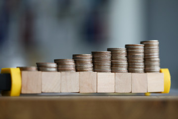 Close-up table are coins growing in wooden blocks