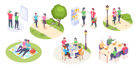 Fototapeta na wymiar Couple daily life and outdoor leisure activity, vector isometric man and woman time together. Couple daily life dinner at cafe bar with family parents and friend, grocery shopping, picnic, run in park