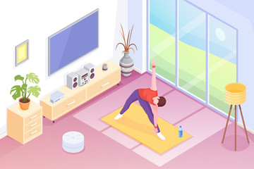 Yoga at home, man doing exercise in room, vector isometric illustration. Yoga sport and stretch workout or morning exercises in room, man in yoga pose on mat, home fitness and health activity